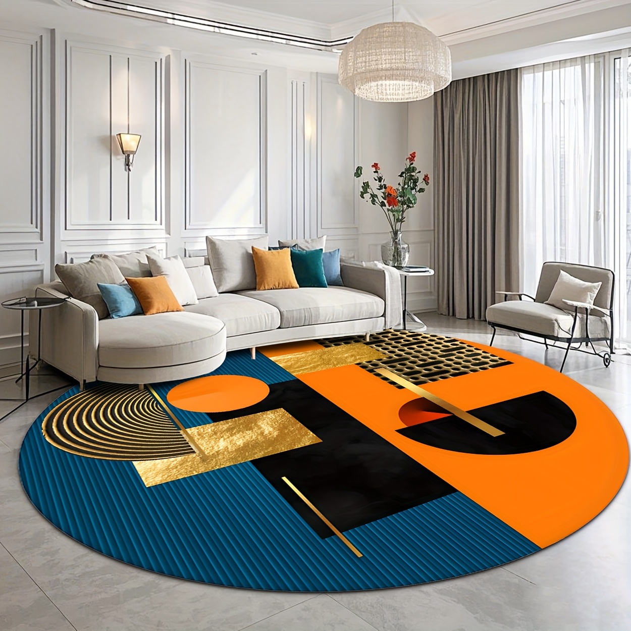 Printed Rug Abstract - Karpet Bulat Mewah Geometris Abstrak Oranye
