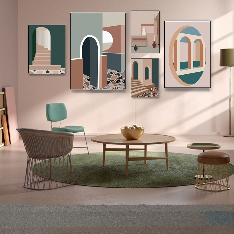 Interior Design Build - Retro Morandi bangunan kanvas seni Anime